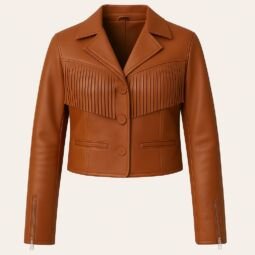 Brown fringed leather jacket with button closure for women