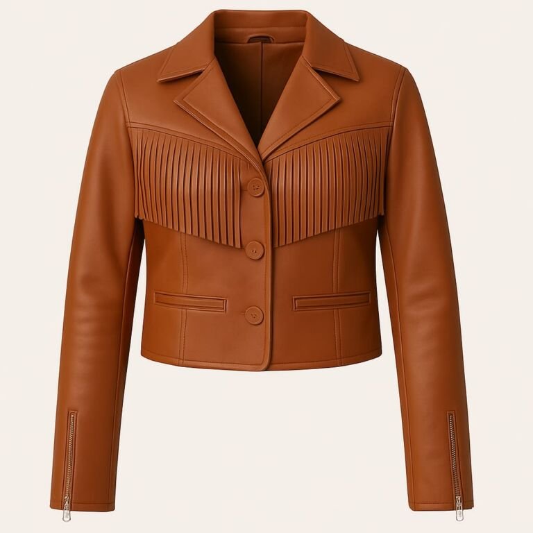 Brown fringed leather jacket with button closure for women