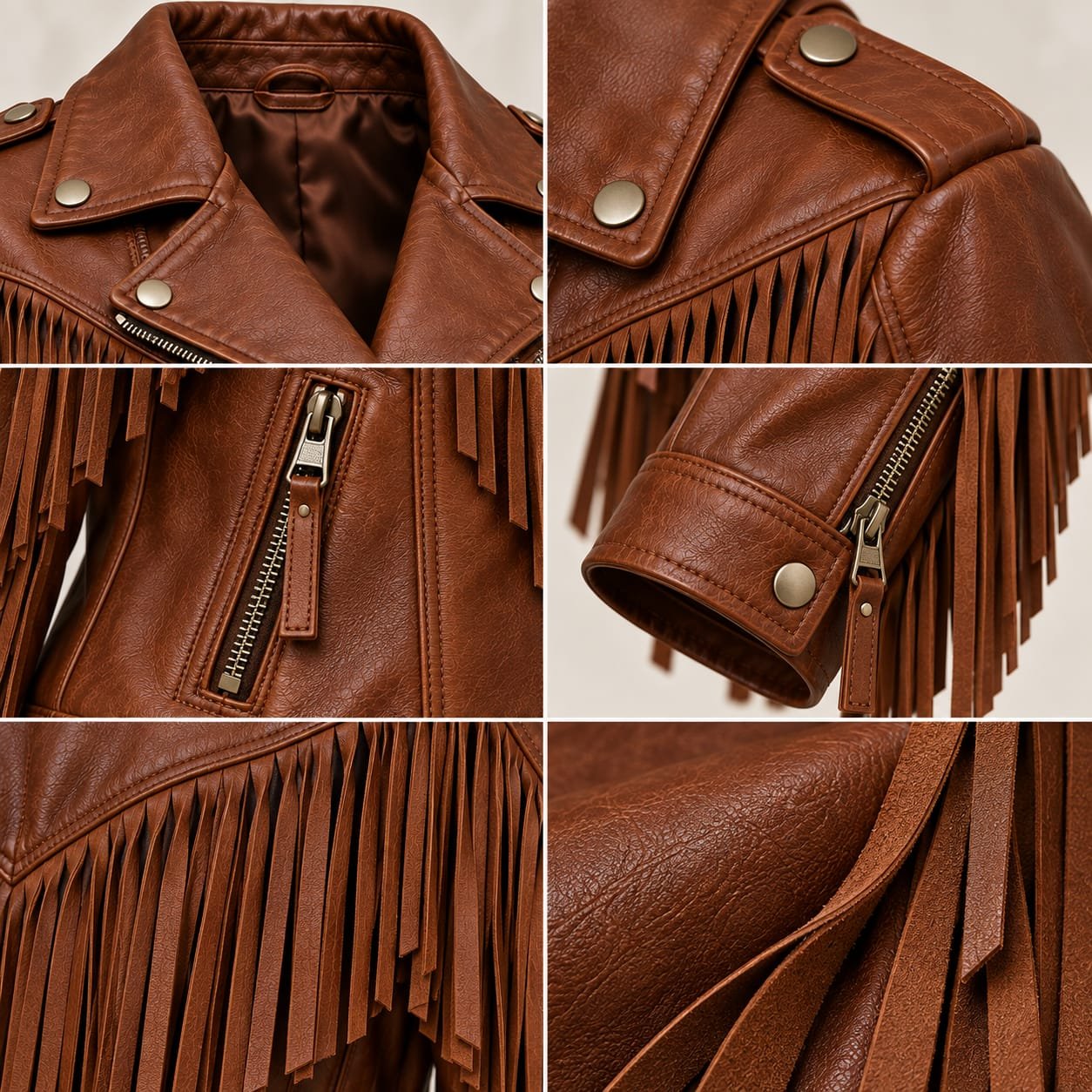 Women’s Brown Leather Fringe Biker Jacket - Image 4