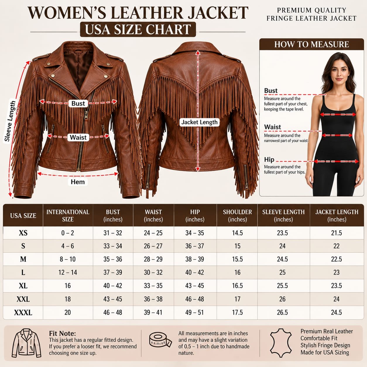 Women’s Brown Leather Fringe Biker Jacket - Image 6