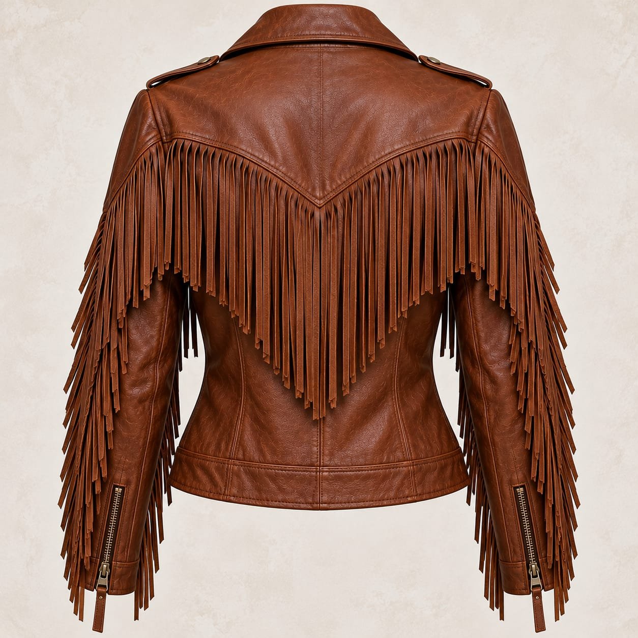 Women’s brown leather fringe biker jacket with long fringe detailing and asymmetrical zipper