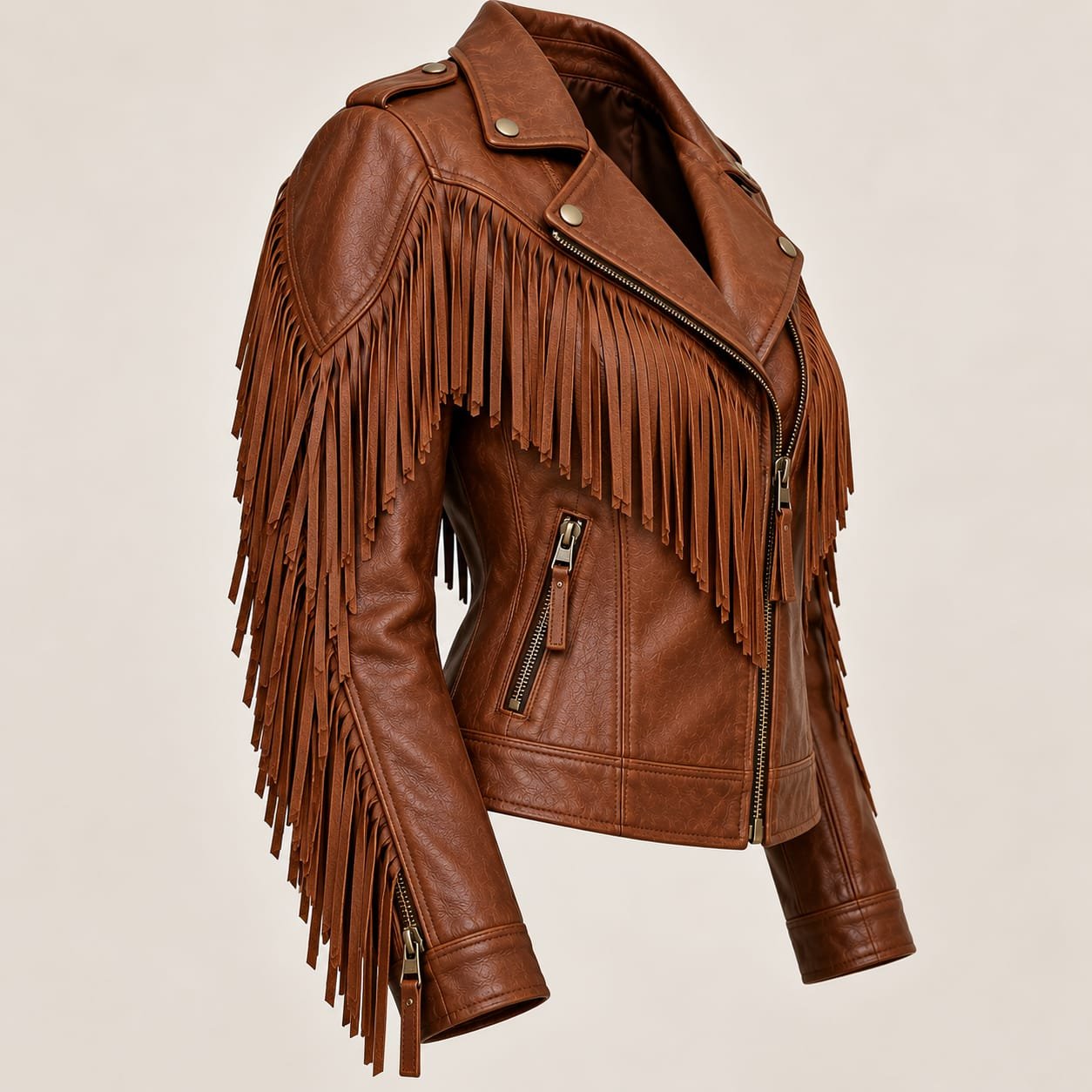 Women’s brown leather fringe biker jacket with long fringe detailing and asymmetrical zipper