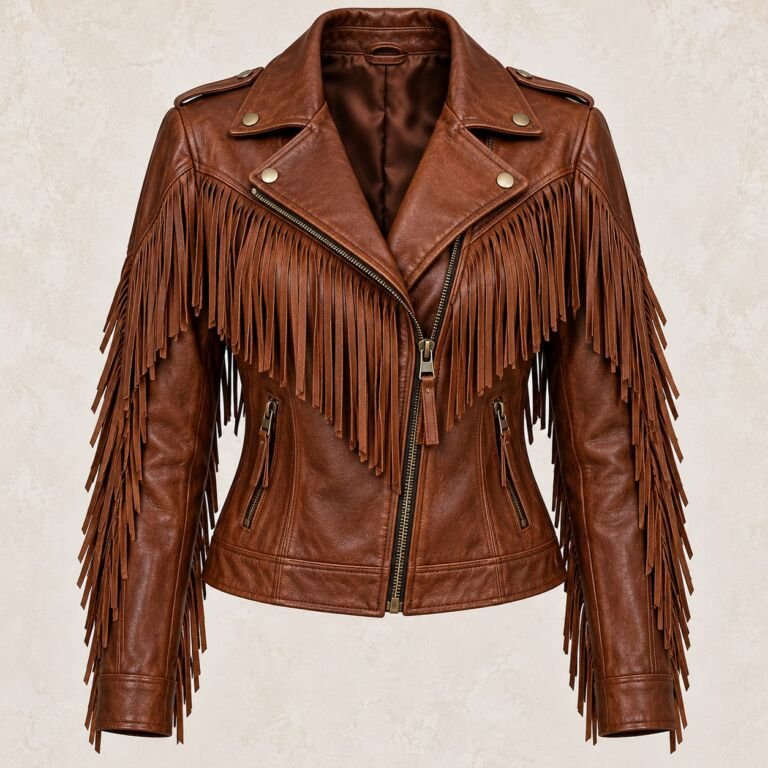 Women’s brown leather fringe biker jacket with long fringe detailing and asymmetrical zipper