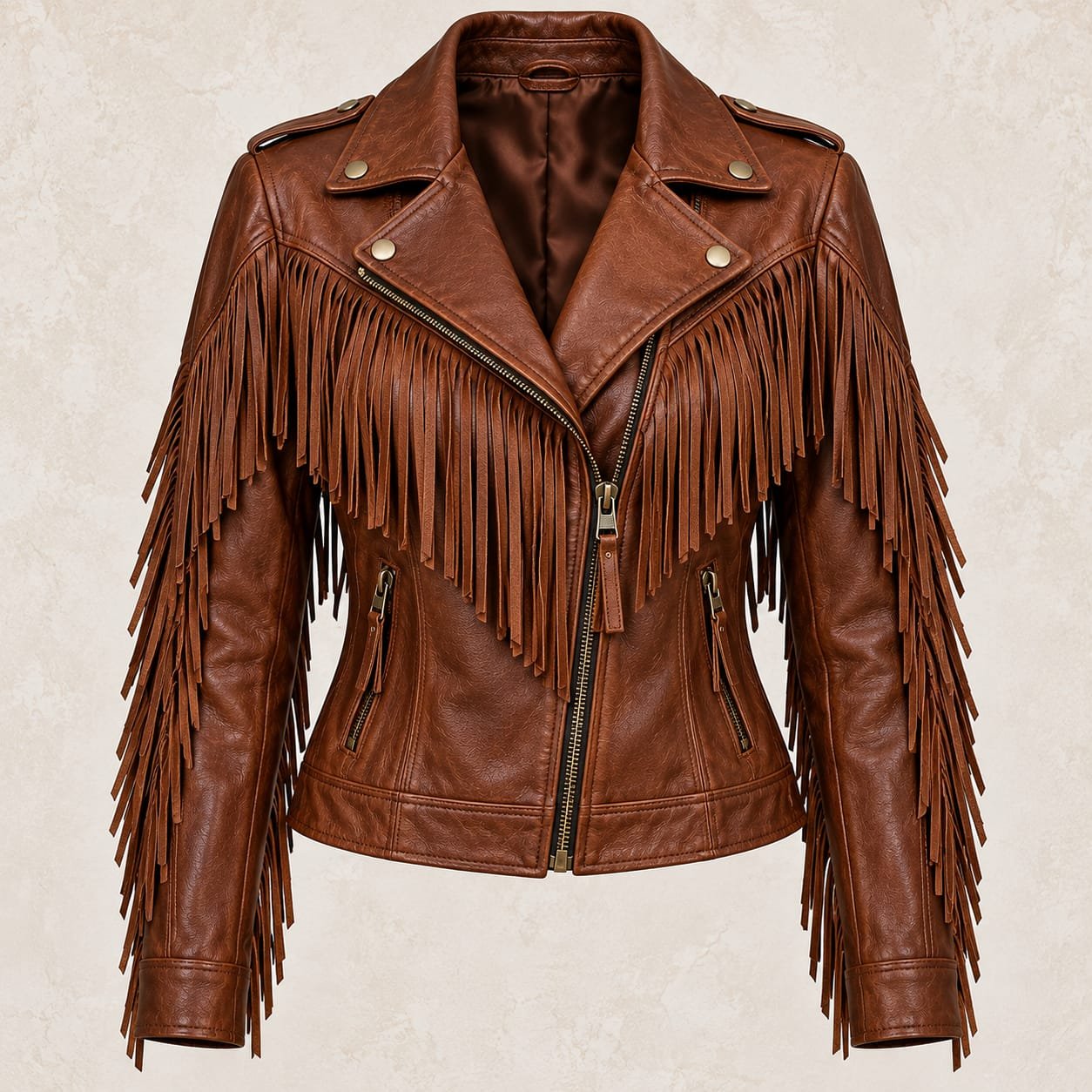 Women’s brown leather fringe biker jacket with long fringe detailing and asymmetrical zipper