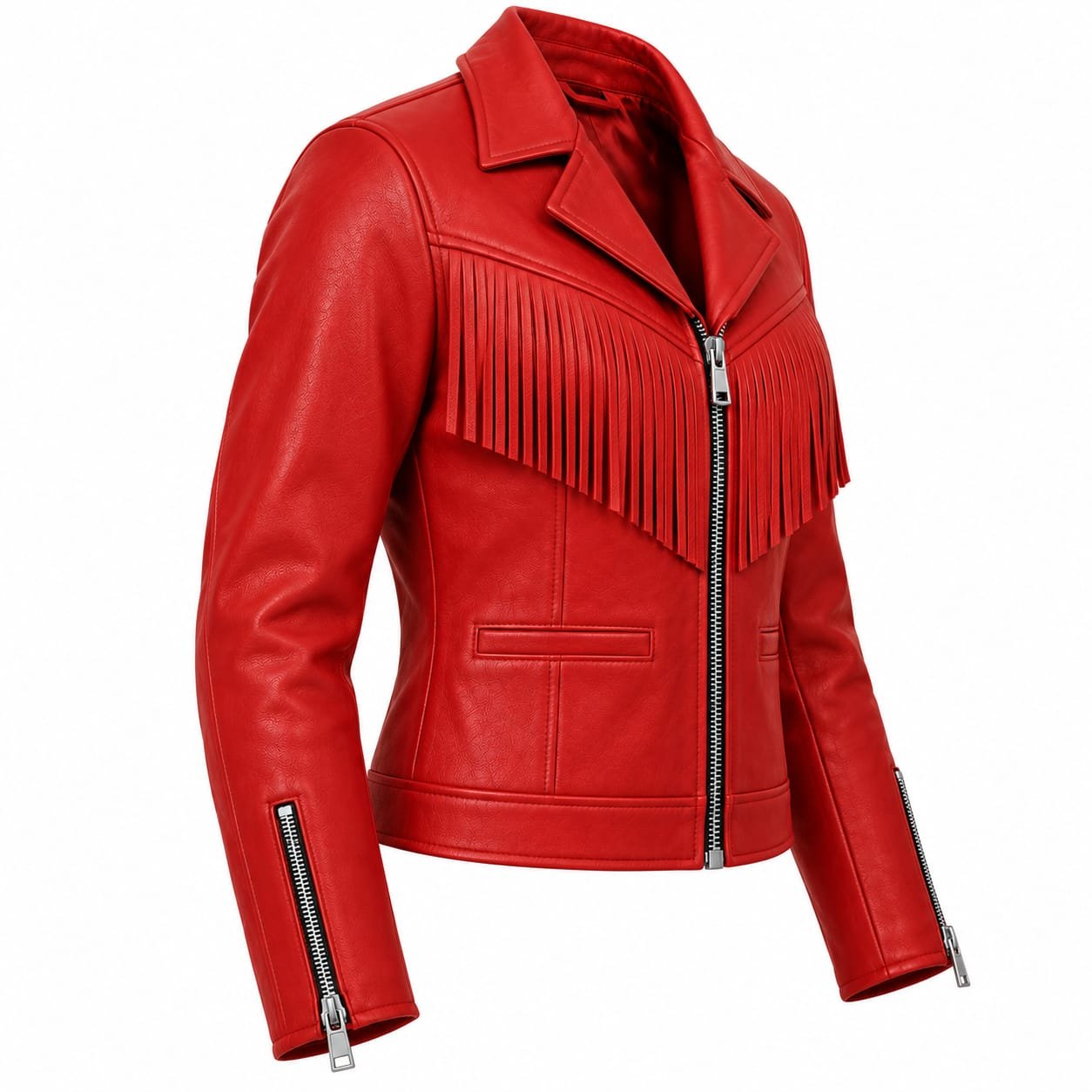 Women’s Red Leather Fringe Biker Jacket - Image 3
