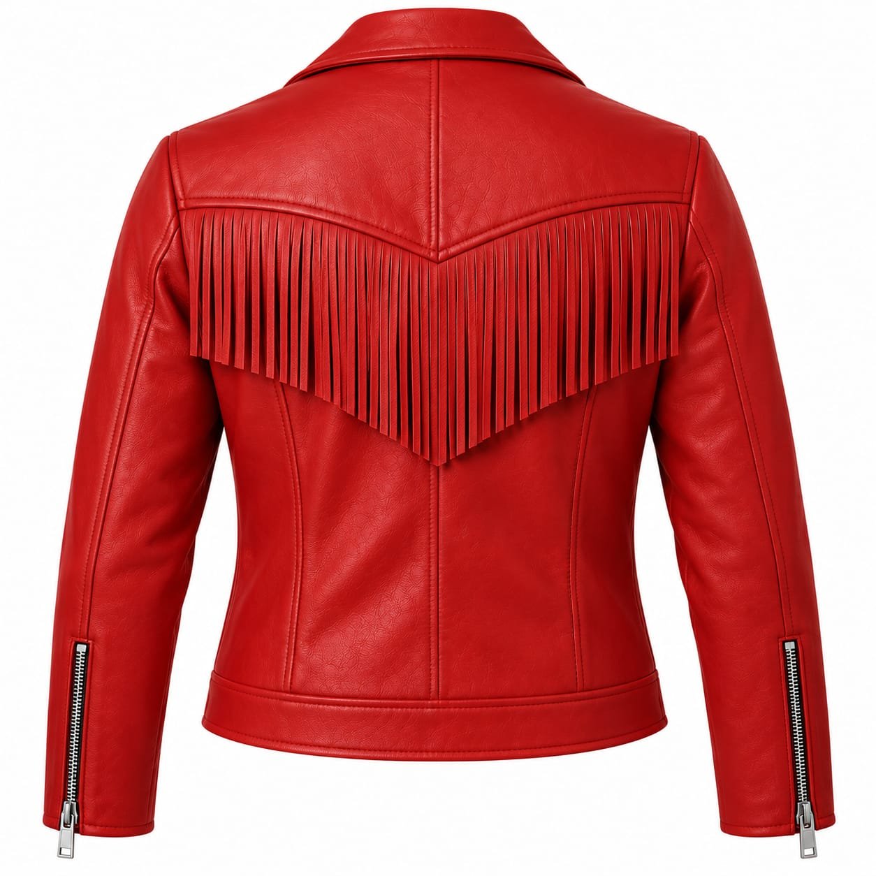 Women’s red leather fringe biker jacket