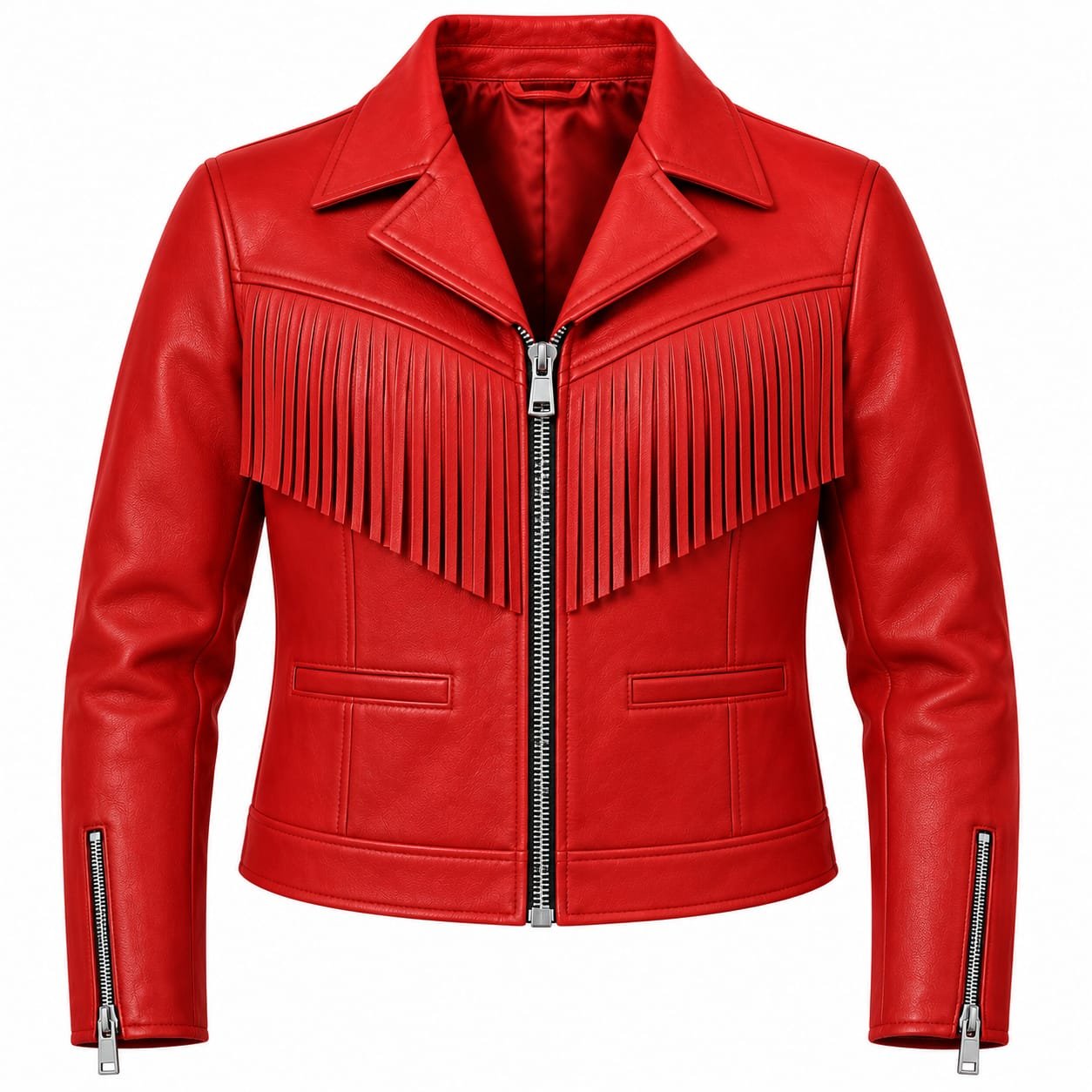 Women’s red leather fringe biker jacket