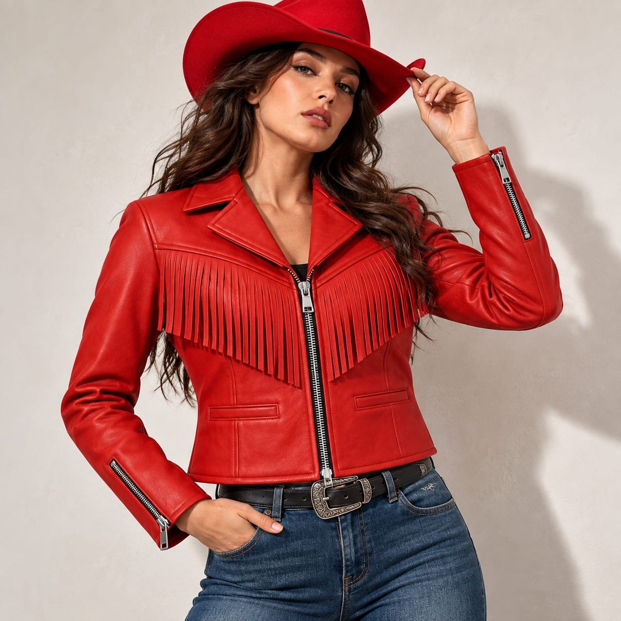 Women’s red leather fringe biker jacket