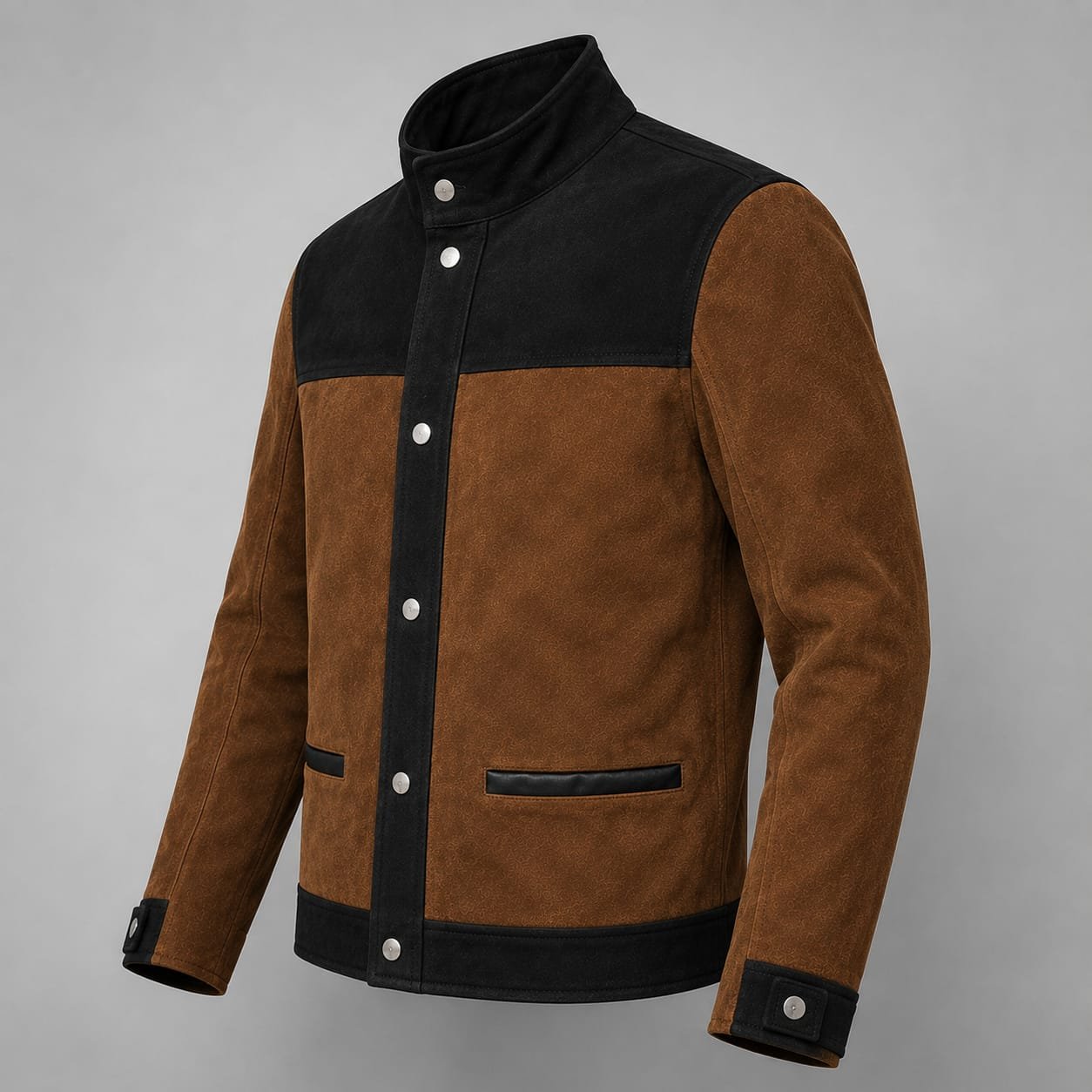 Men's Brown & Black Suede Leather Jacket with Snap Button Closure - Image 6