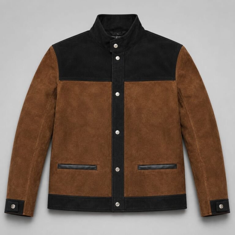 Alt Text: Men's brown and black suede leather jacket with a snap-button stand collar, front button closure, contrast yoke, long sleeves, and two welt pockets on a light gray background.