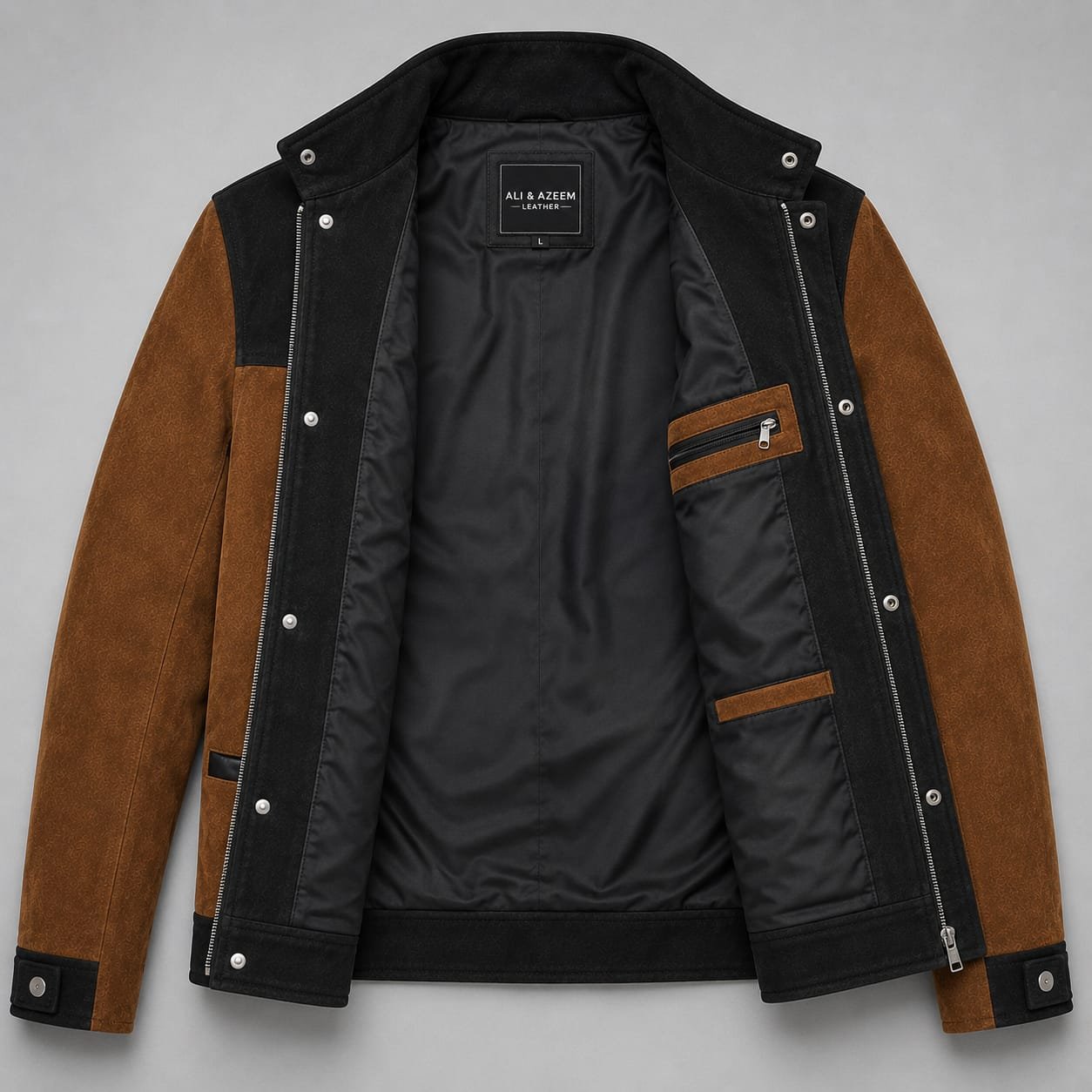 Men's Brown & Black Suede Leather Jacket with Snap Button Closure - Image 4