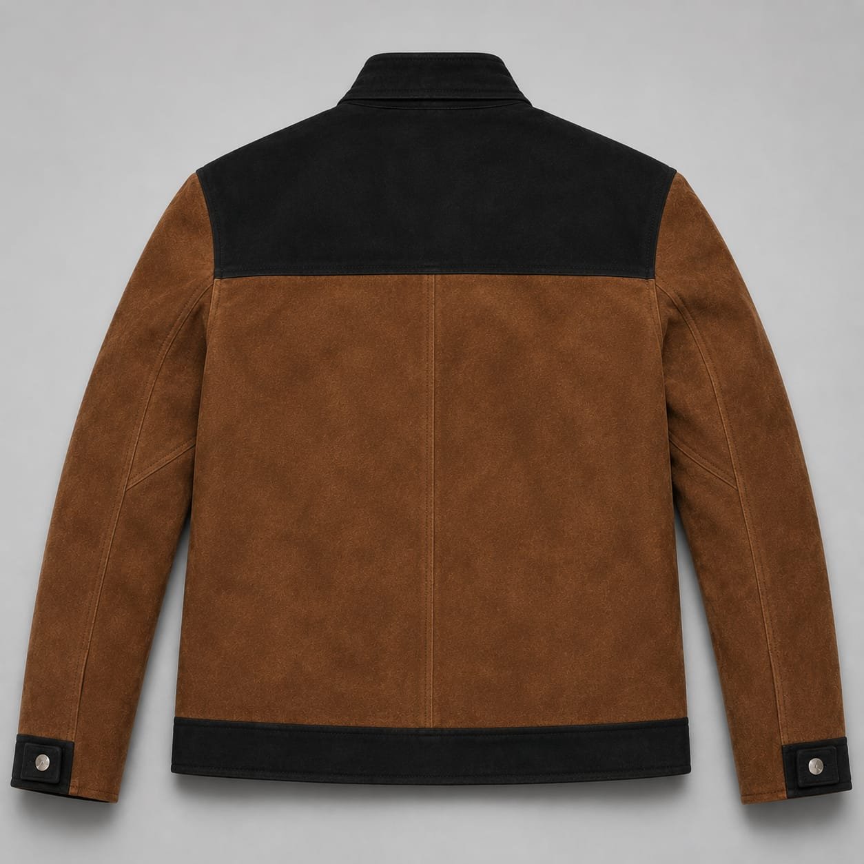 Men's Brown & Black Suede Leather Jacket with Snap Button Closure - Image 5