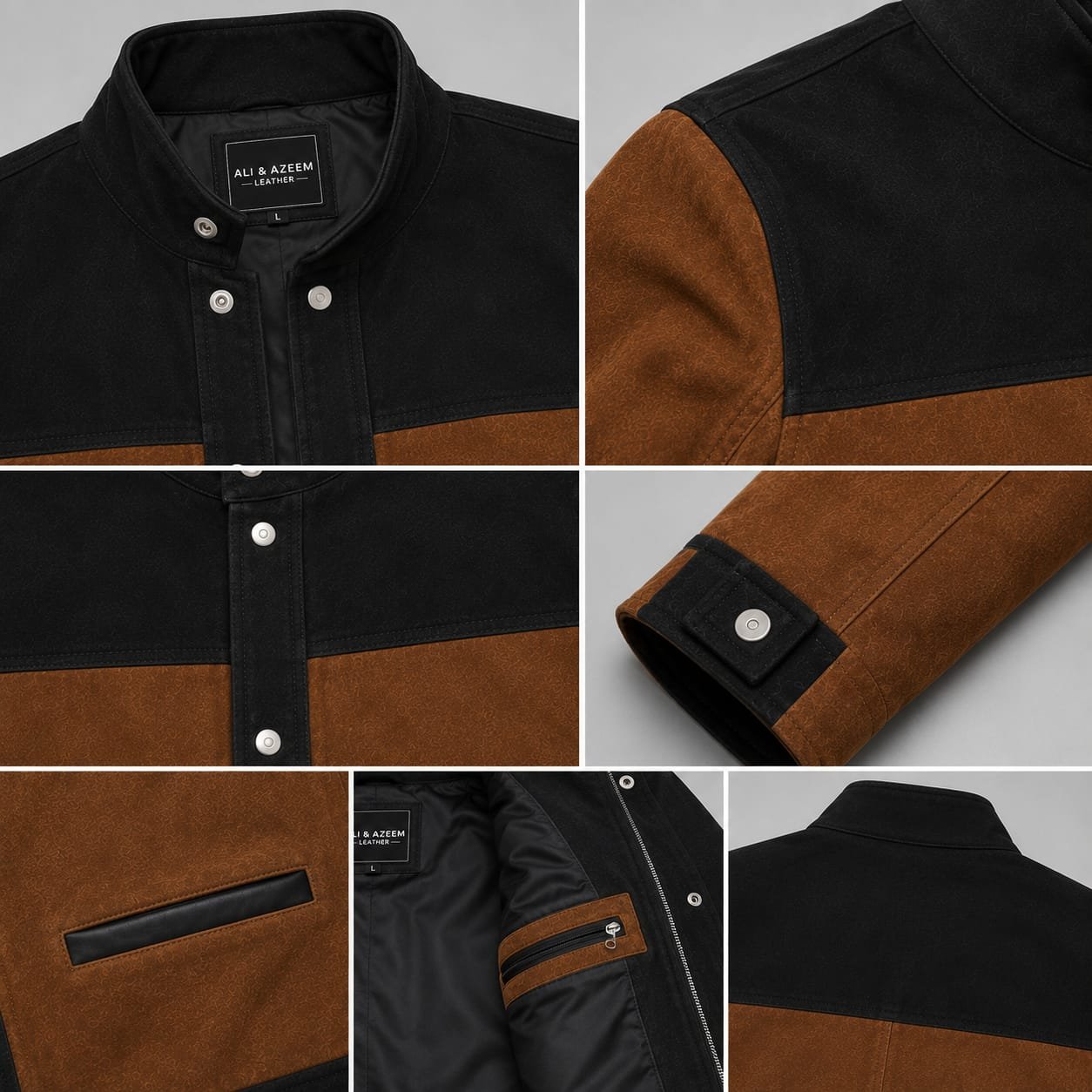 Men's Brown & Black Suede Leather Jacket with Snap Button Closure - Image 2