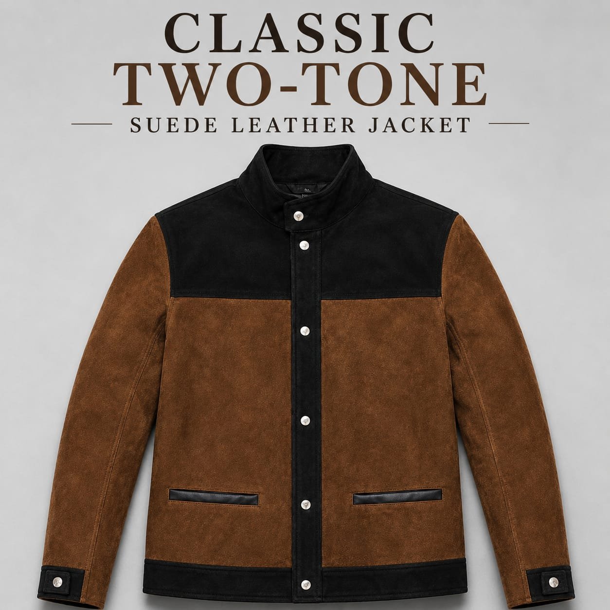 Men's Brown & Black Suede Leather Jacket with Snap Button Closure - Image 3