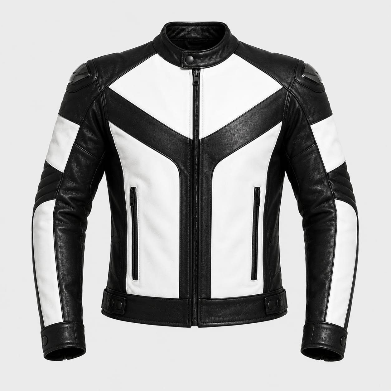 Men's Black & White Leather Motorcycle Jacket | Premium Genuine Biker Racing Jacket - Image 8