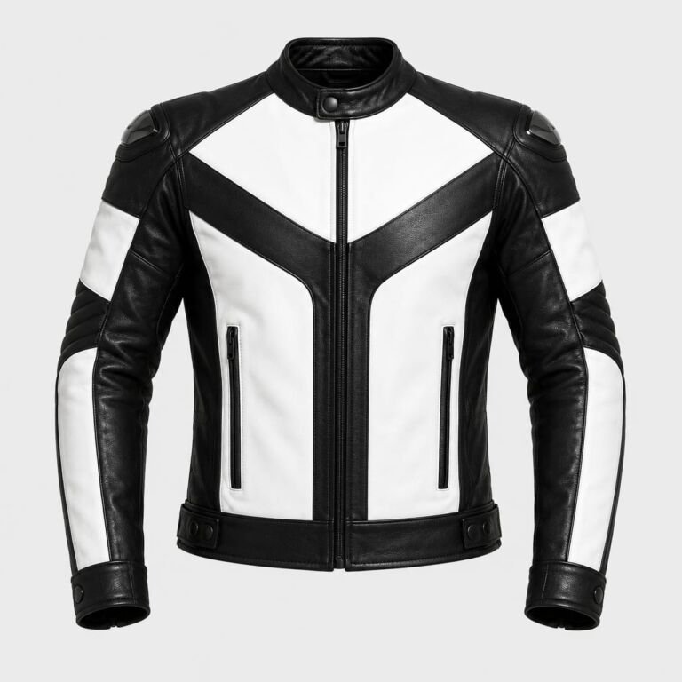 Black and White Genuine Leather Motorcycle Jacket for Men with Shoulder Armor and Racing Style Design