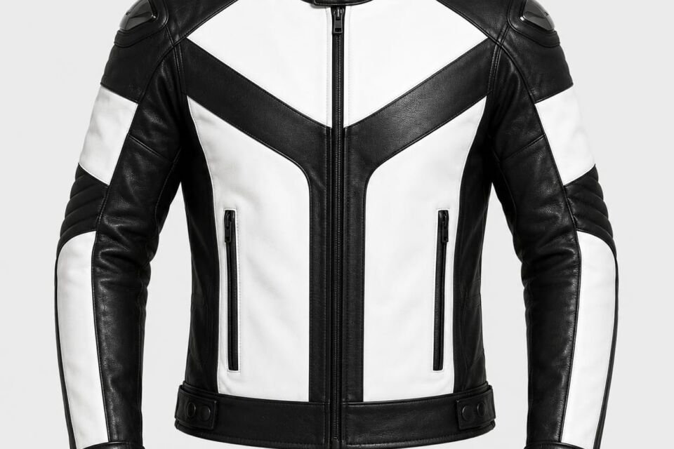 Black and White Genuine Leather Motorcycle Jacket for Men with Shoulder Armor and Racing Style Design