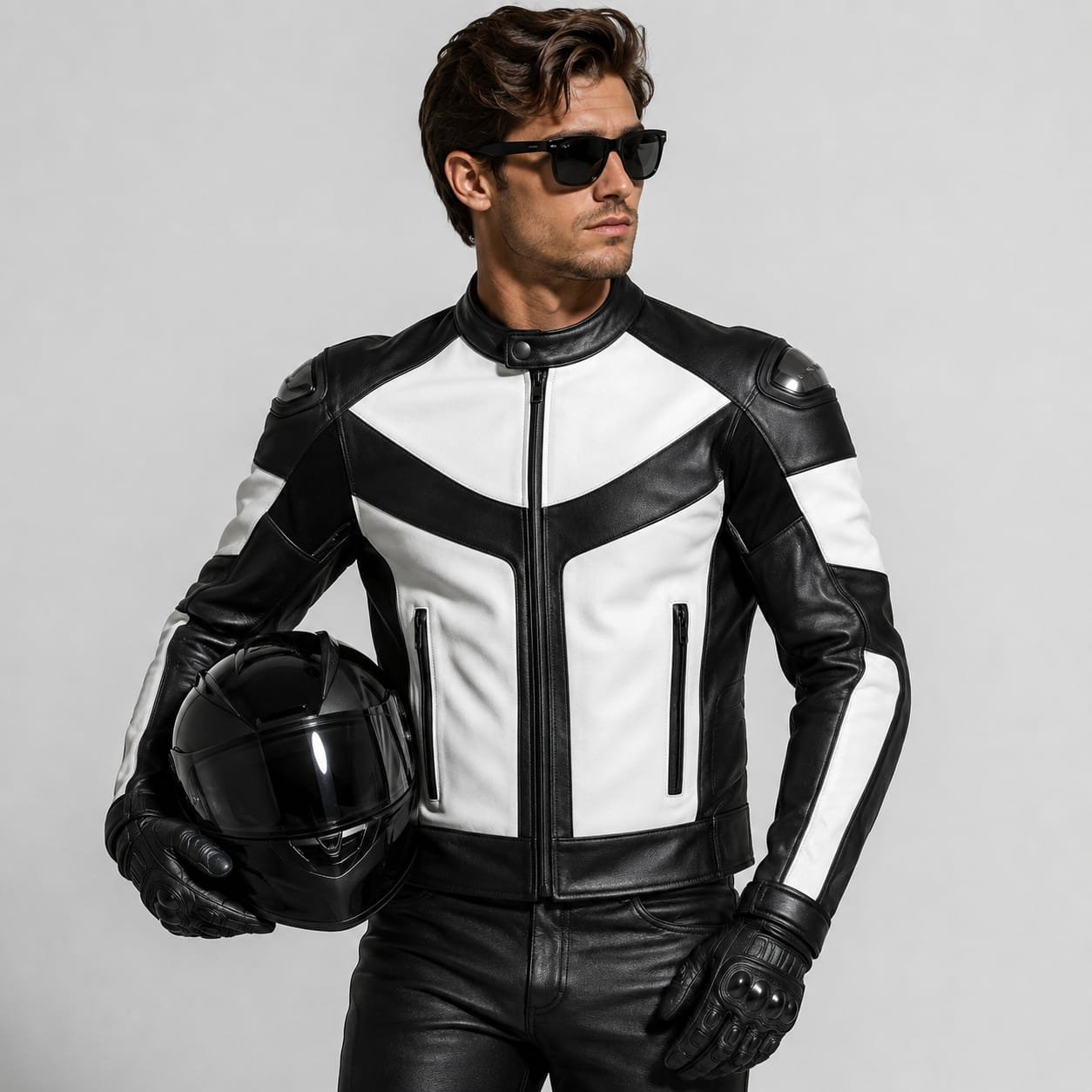 Men's Black & White Leather Motorcycle Jacket | Premium Genuine Biker Racing Jacket - Image 7