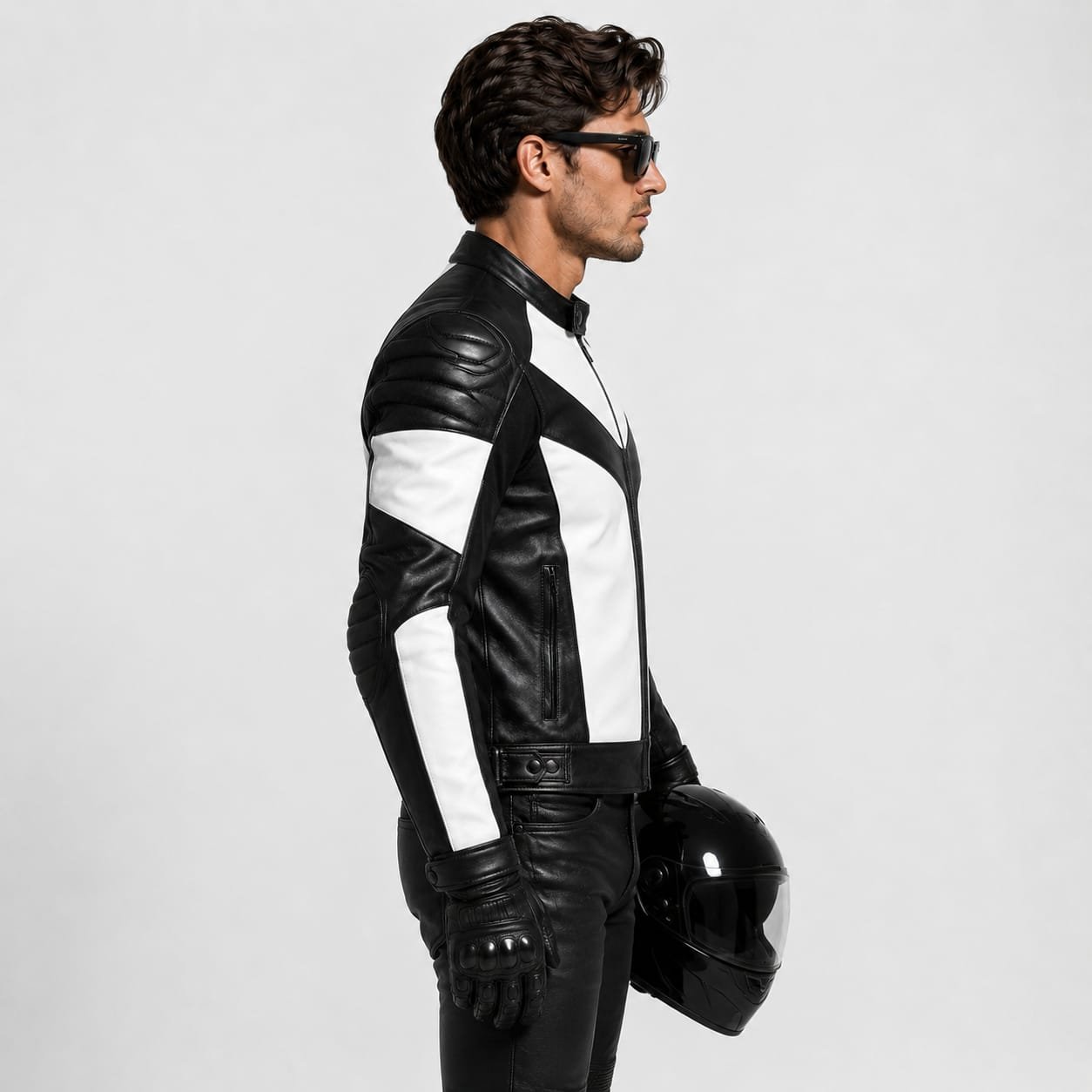 Men's Black & White Leather Motorcycle Jacket | Premium Genuine Biker Racing Jacket - Image 5