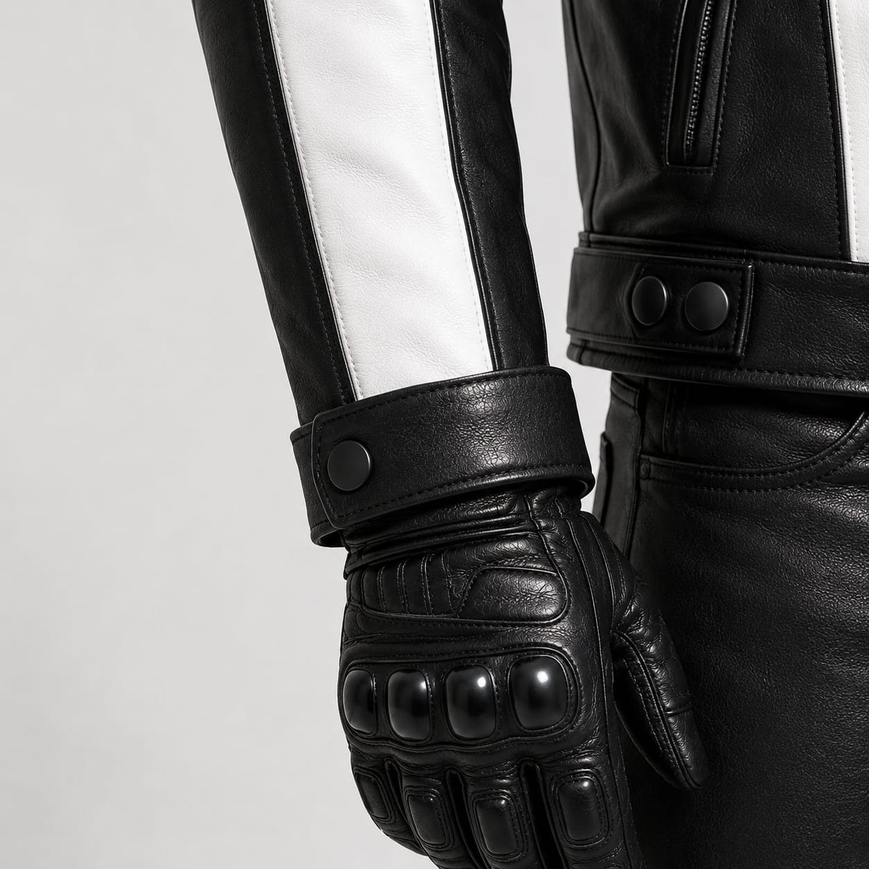 Men's Black & White Leather Motorcycle Jacket | Premium Genuine Biker Racing Jacket - Image 4