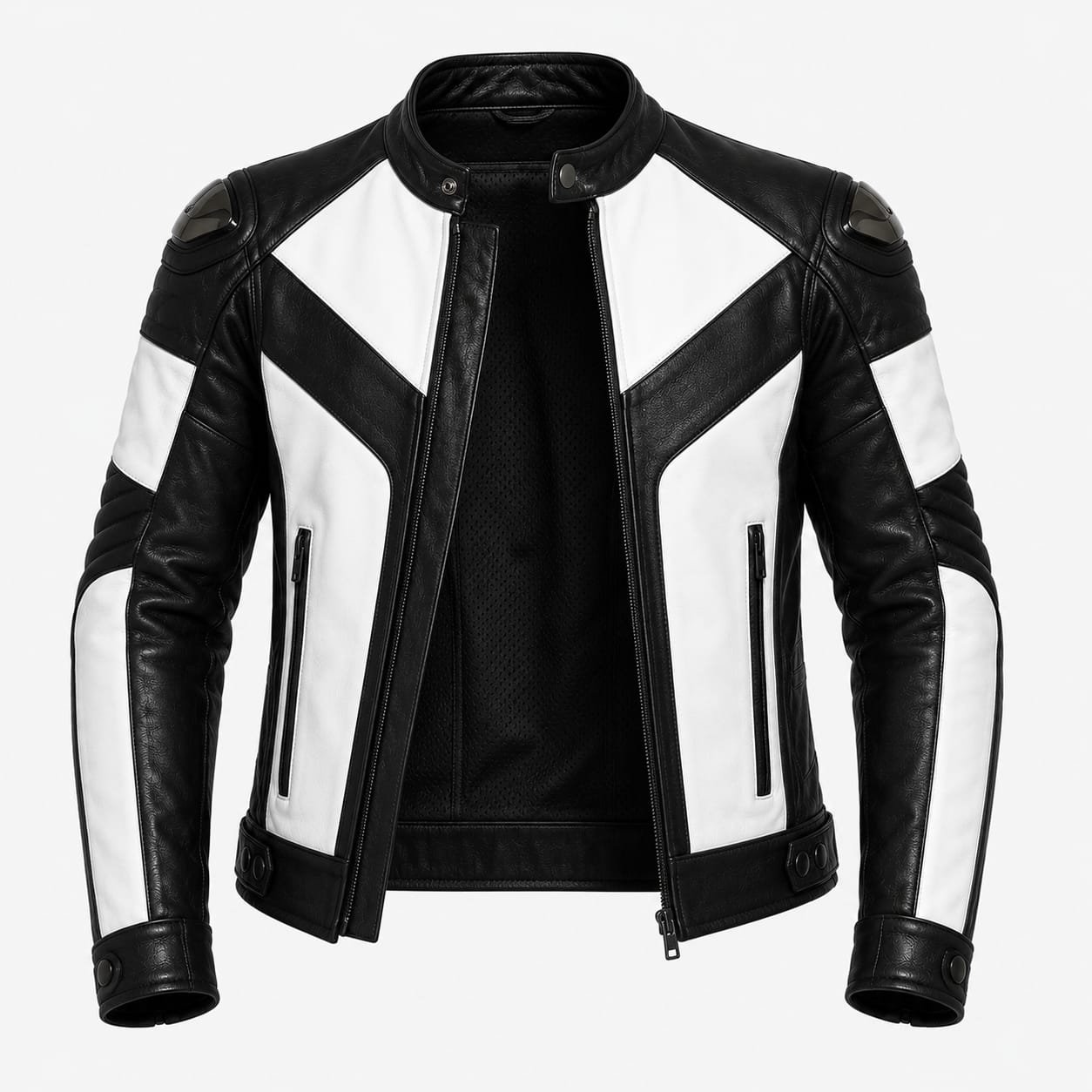 white and black leather jacket