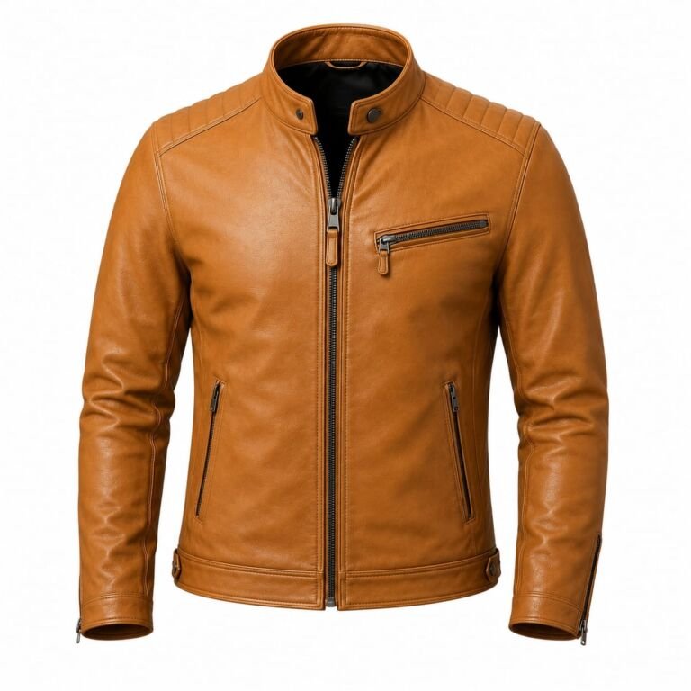 Front and back view of a handmade men's tan genuine leather biker jacket with quilted shoulders, stand collar, and zip pockets on a white background.