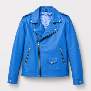 Front Image Unisex Blue Genuine Leather Biker Jacket Front View Back Image Unisex Blue Genuine Leather Biker Jacket Back View