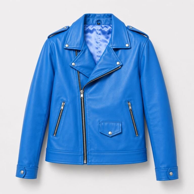 Front Image Unisex Blue Genuine Leather Biker Jacket Front View Back Image Unisex Blue Genuine Leather Biker Jacket Back View