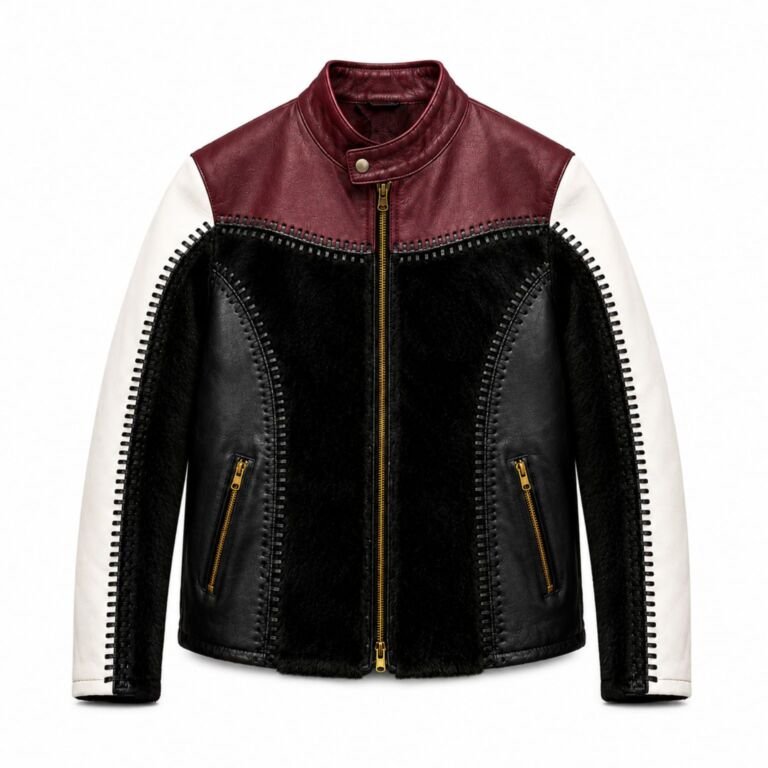 Front view of a luxury men's burgundy, black and white leather shearling jacket featuring a stand collar, gold front zipper, gold zip pockets, white sleeves and premium textured leather on a white background.