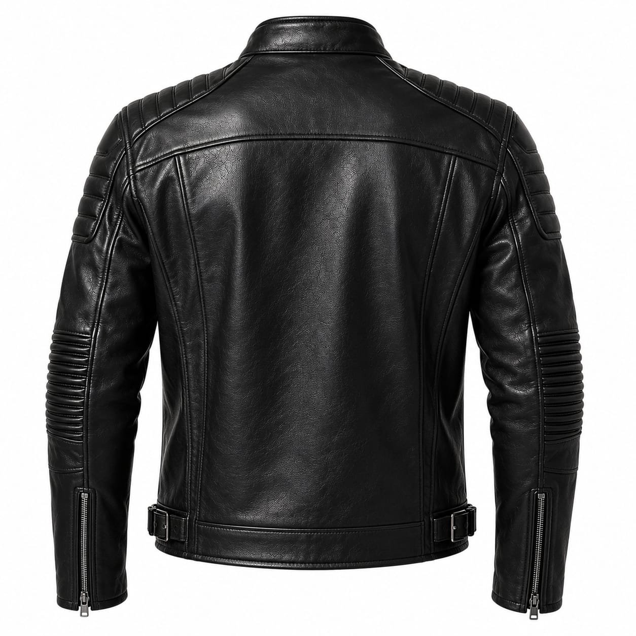 Men's Black Leather Biker Jacket | Premium Motorcycle Cafe Racer Jacket with Quilted Shoulders - Image 4