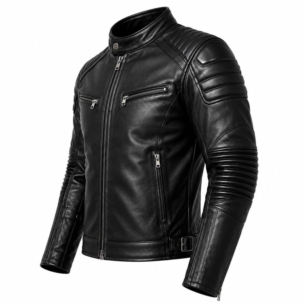 Men's Black Leather Biker Jacket | Premium Motorcycle Cafe Racer Jacket with Quilted Shoulders - Image 3