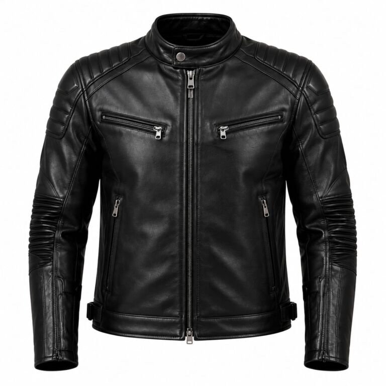 Black genuine leather cafe racer motorcycle jacket for men with quilted shoulders, zip chest pockets, stand collar, front zipper closure and premium biker design