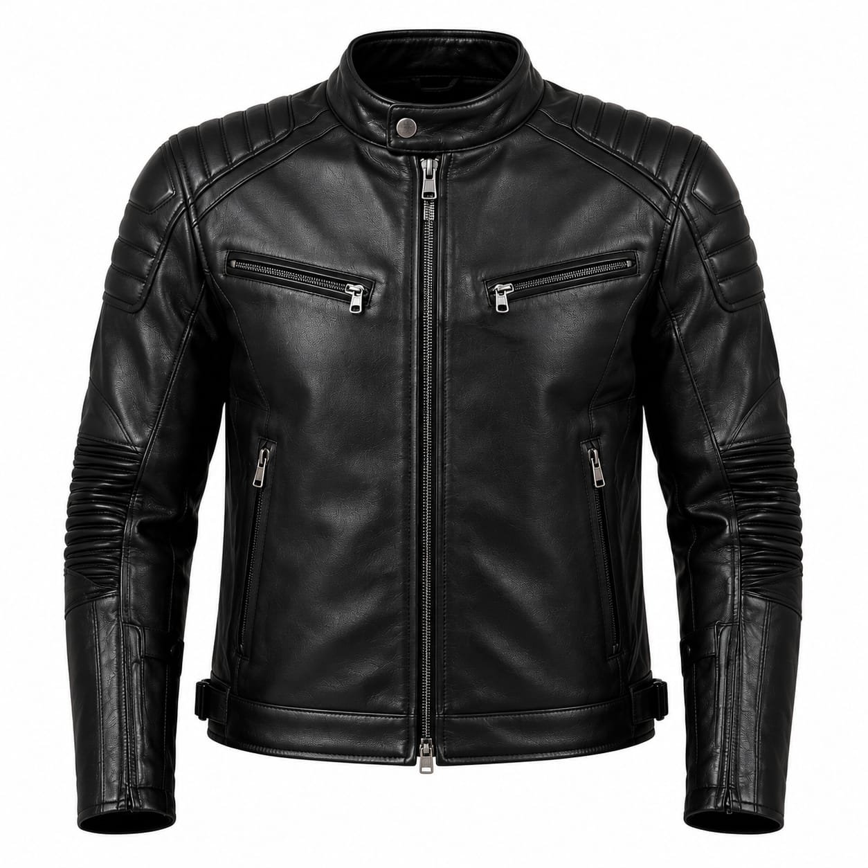 Black genuine leather cafe racer motorcycle jacket for men with quilted shoulders, zip chest pockets, stand collar, front zipper closure and premium biker design