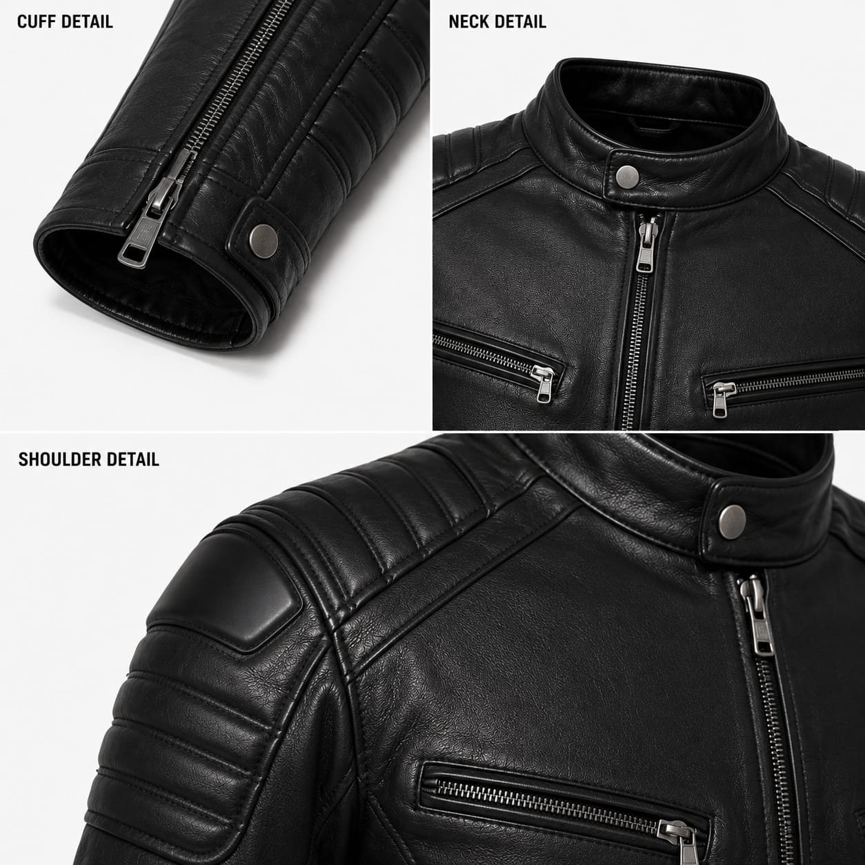 Men's Black Leather Biker Jacket | Premium Motorcycle Cafe Racer Jacket with Quilted Shoulders - Image 2