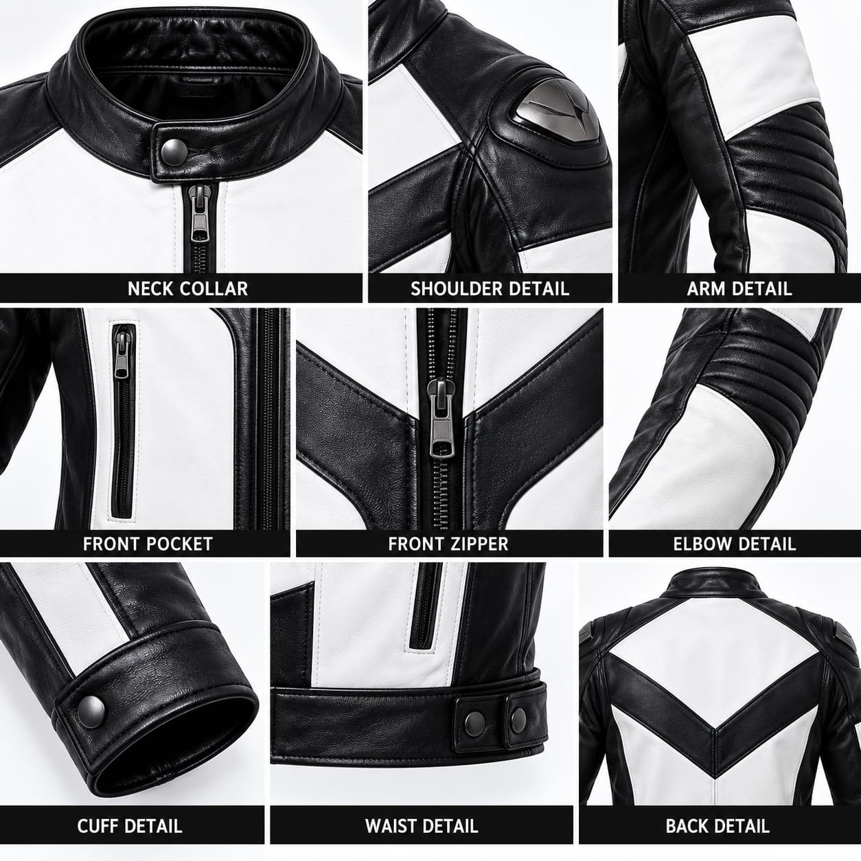 Men's Black & White Leather Motorcycle Jacket | Premium Genuine Biker Racing Jacket - Image 8