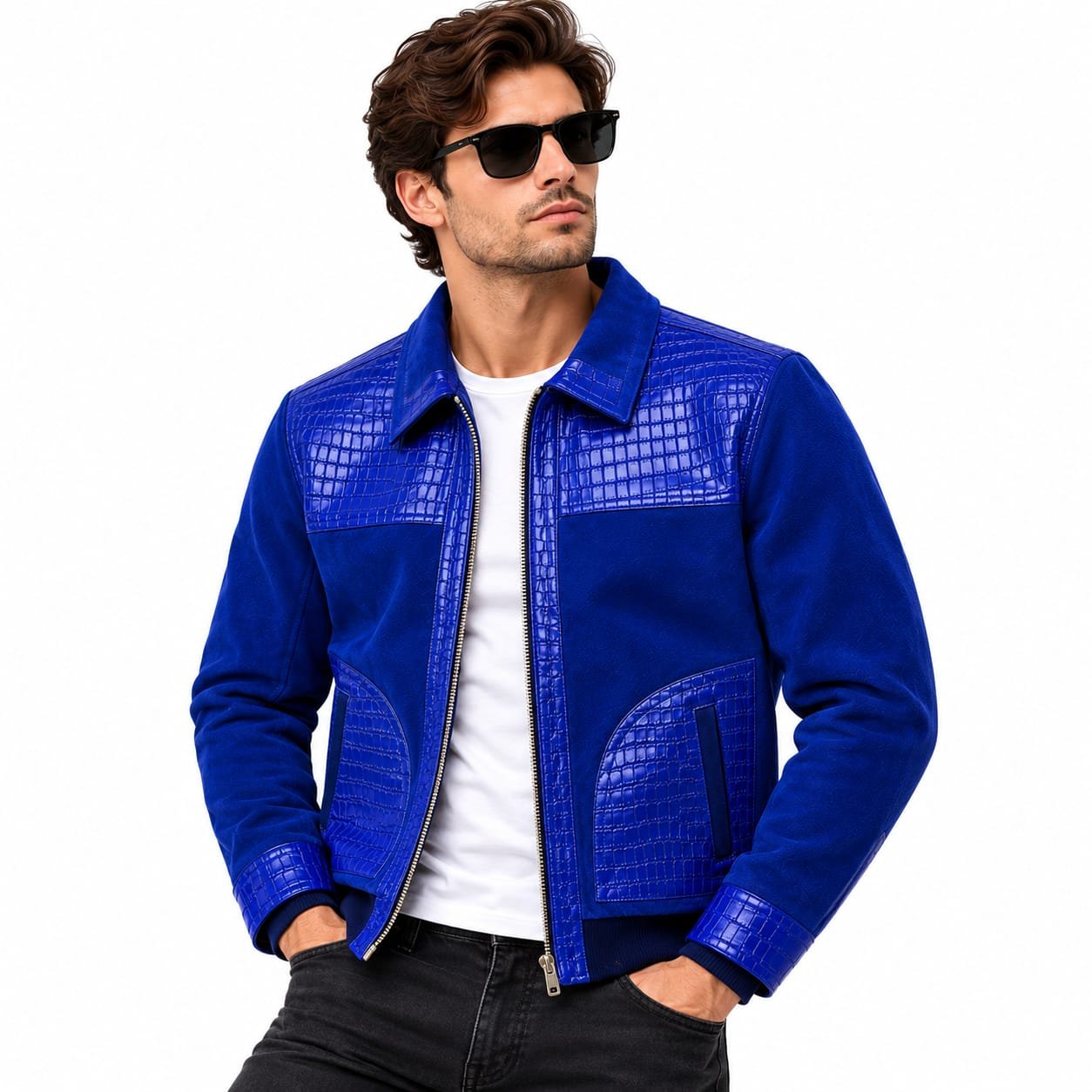 Premium Men's Blue Suede and Crocodile Embossed Leather Jacket - Image 4