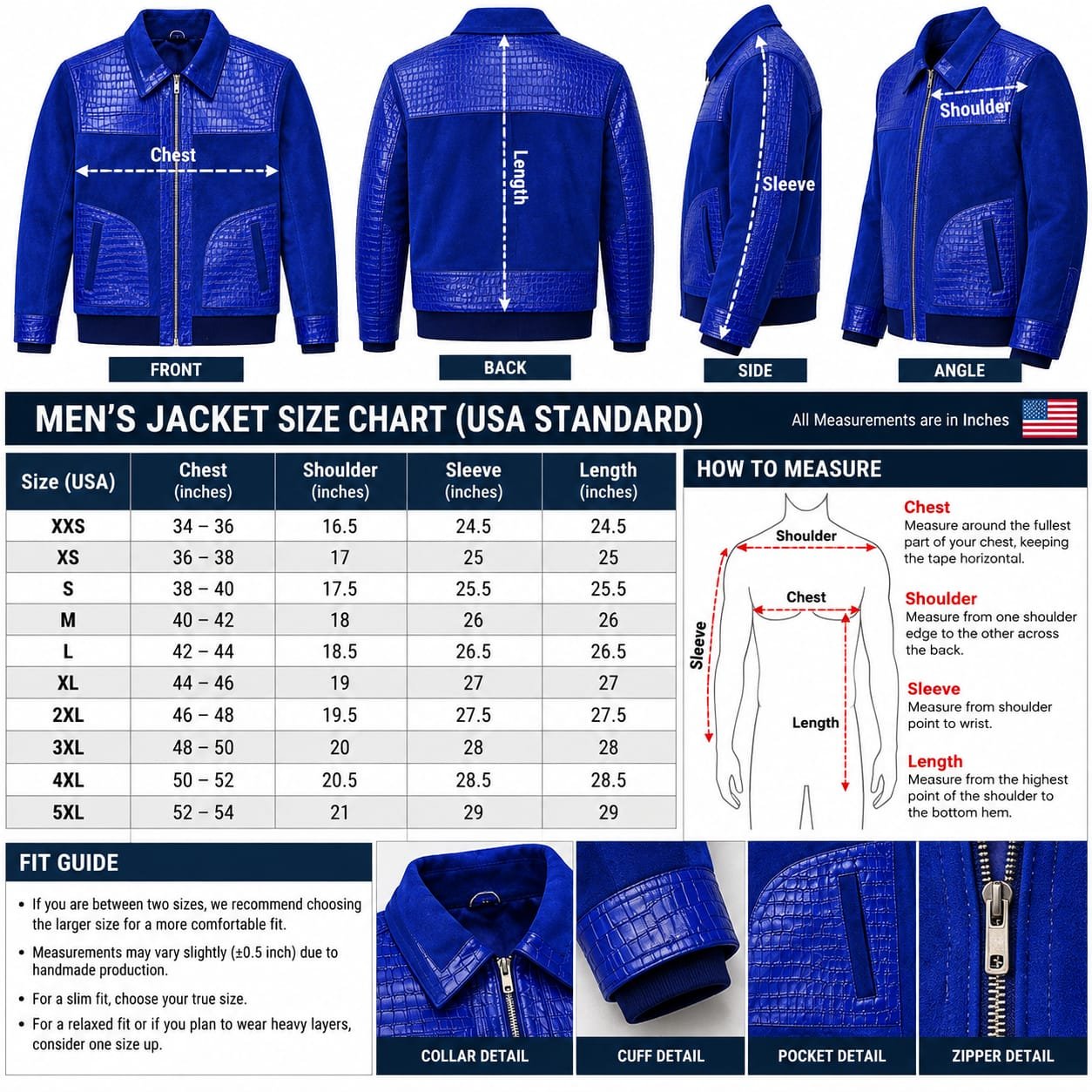 Premium Men's Blue Suede and Crocodile Embossed Leather Jacket - Image 6