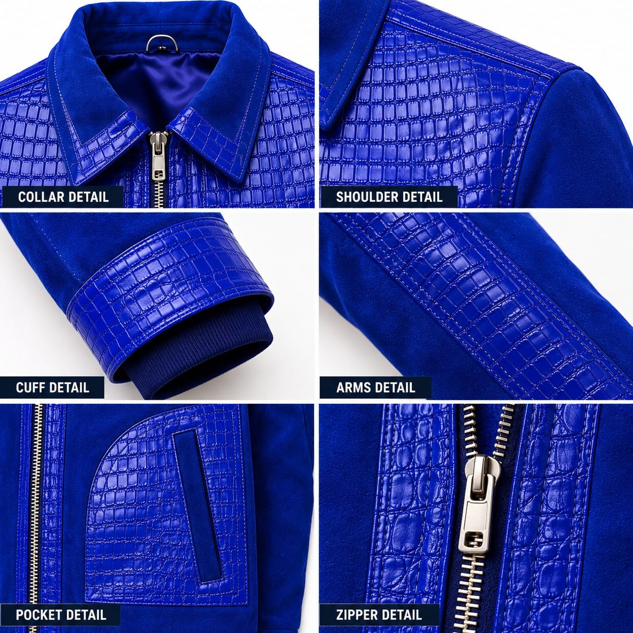 Premium Men's Blue Suede and Crocodile Embossed Leather Jacket - Image 5