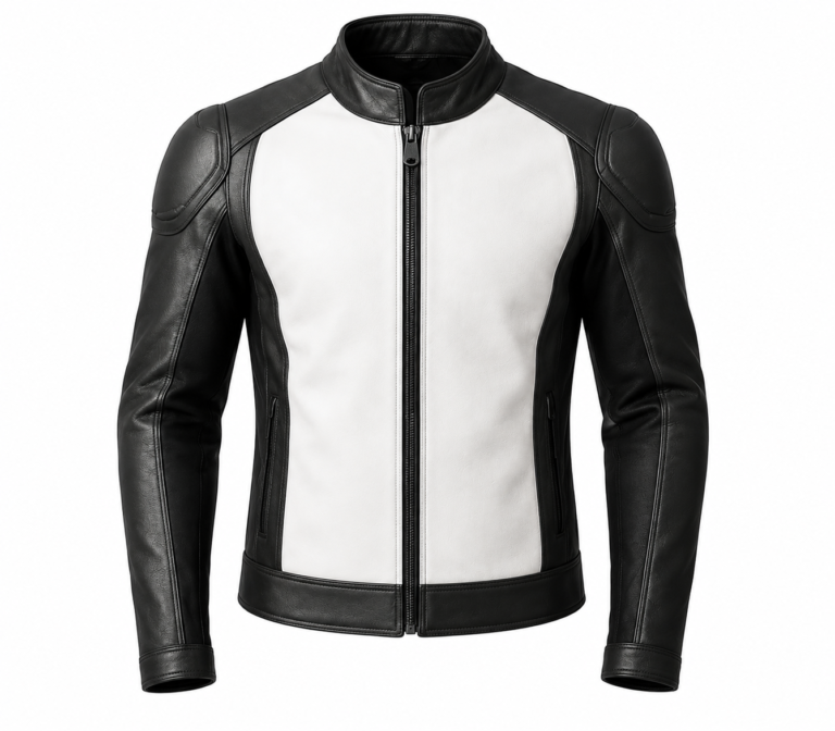 Black and white leather motorcycle jacket with front zipper, stand collar, padded shoulders, and long black sleeves.