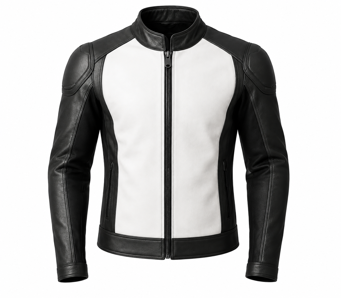 Black and white leather motorcycle jacket with front zipper, stand collar, padded shoulders, and long black sleeves.
