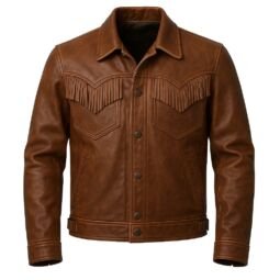 Men’s leather western fringe jacket in brown, featuring pointed yokes, fringe chest detailing, flap pockets, button front, and waist belt.