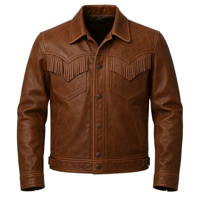 Men’s brown leather western fringe jacket