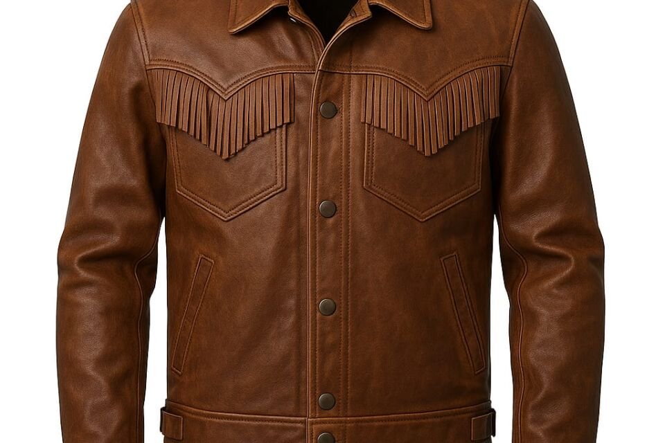 Men’s brown leather western fringe jacket