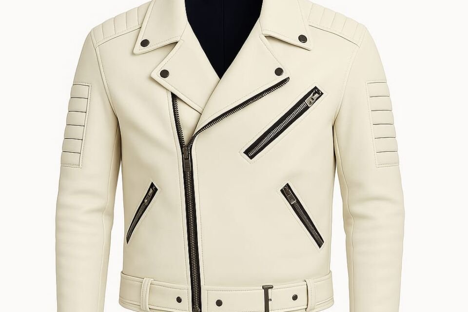 white leather men biker jacket
