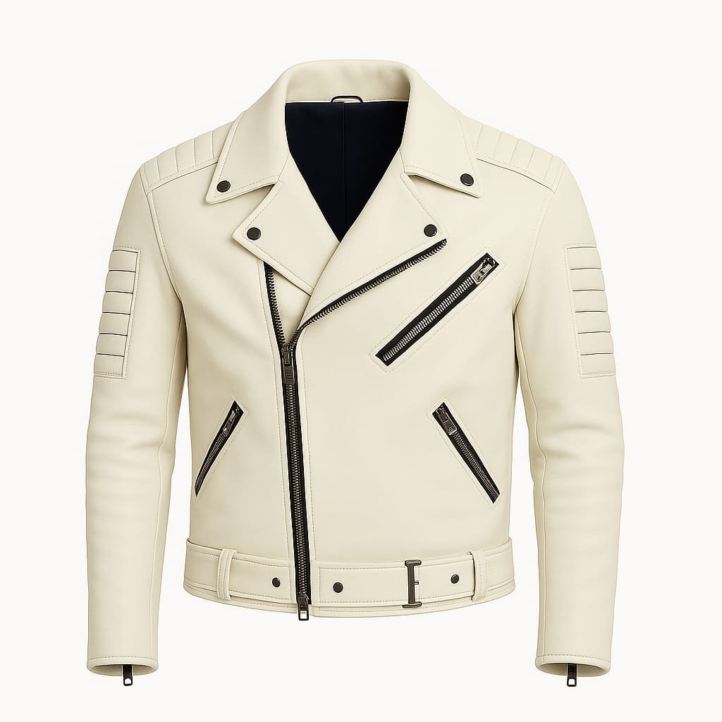 white leather men biker jacket