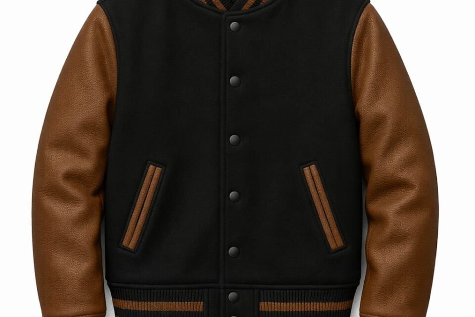 Varsity jacket wool body leather sleeve black and brown color