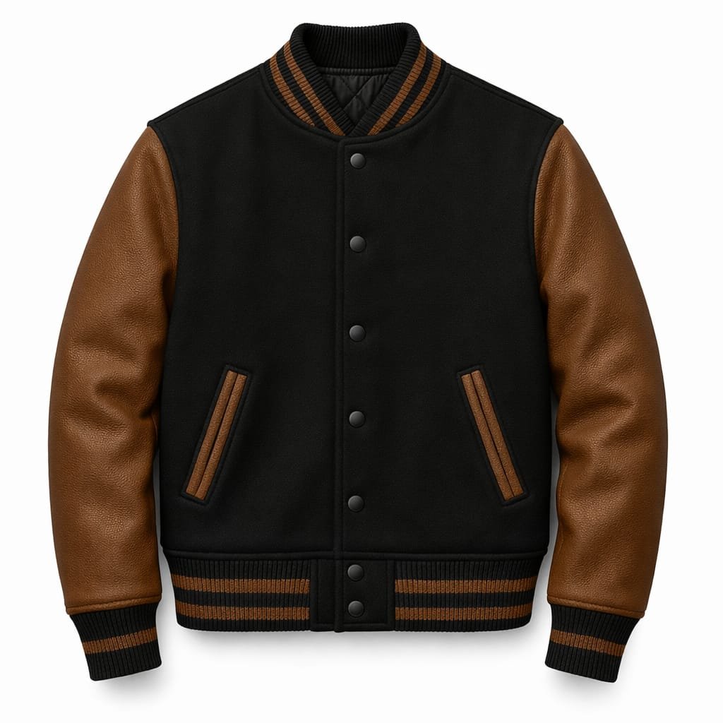 Varsity jacket wool body leather sleeve black and brown color