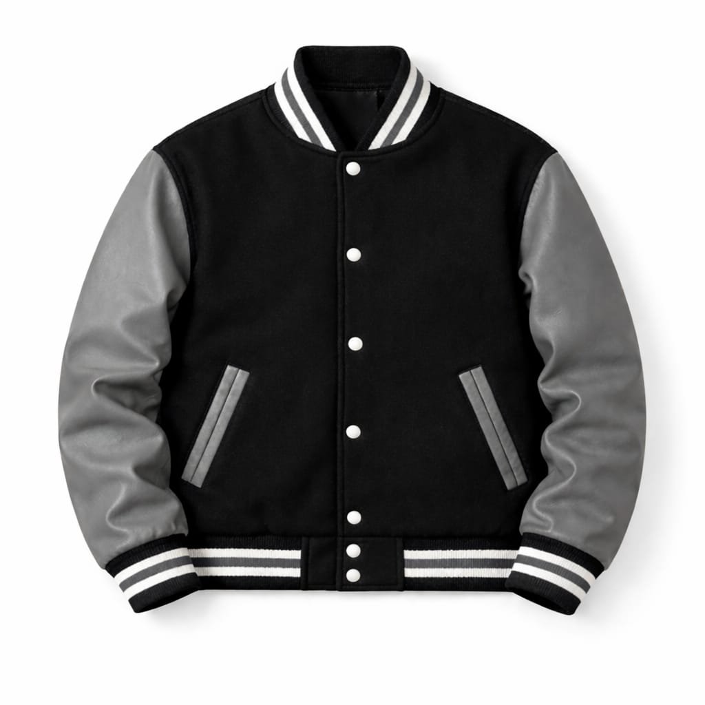 gray and black varsity jacket