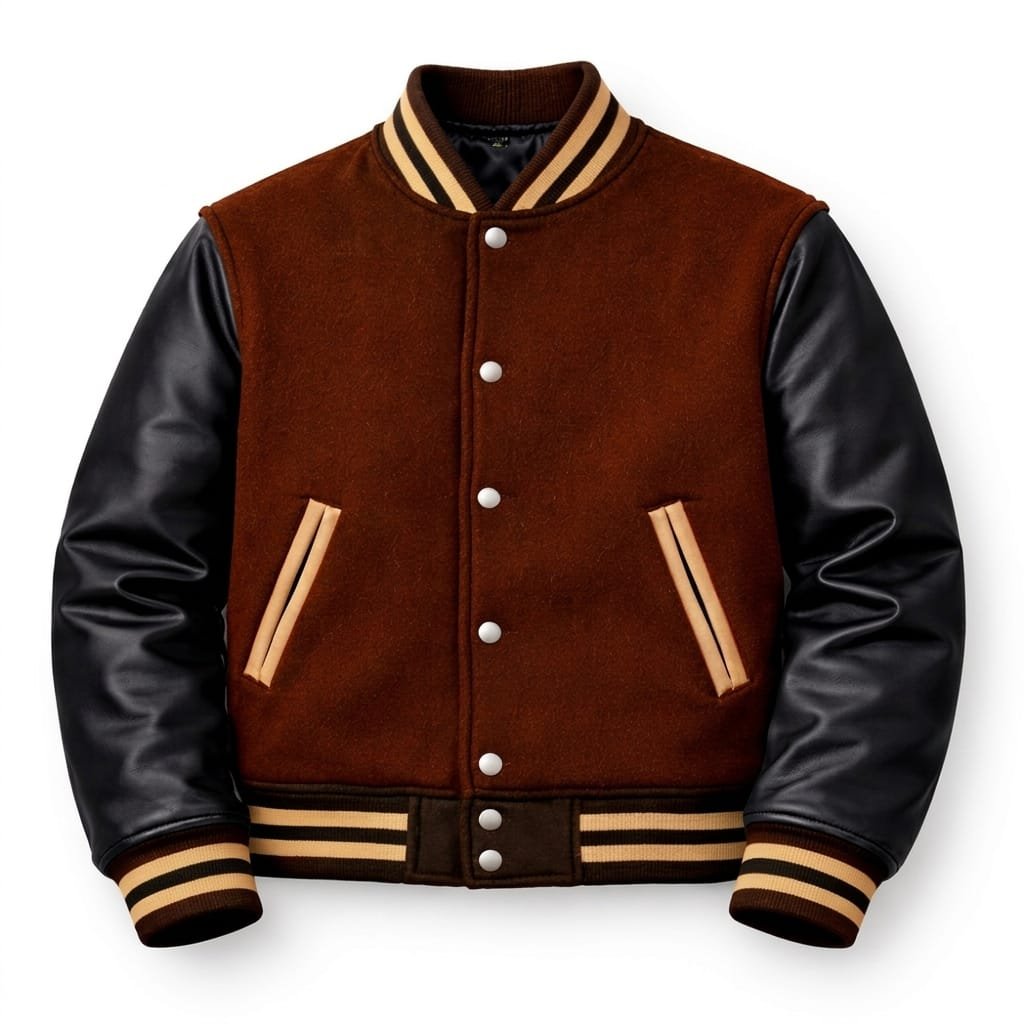 brown and black varsity jacket