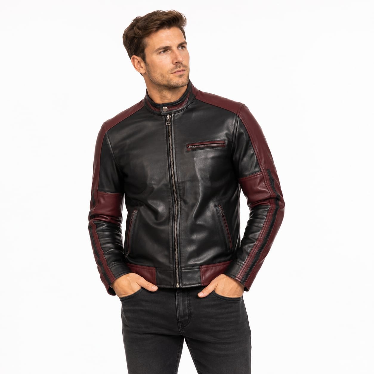 black and marron leather jacket